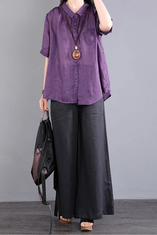 Plus Size-Summer Linen Short Sleeve Shirt Casual Blue Top