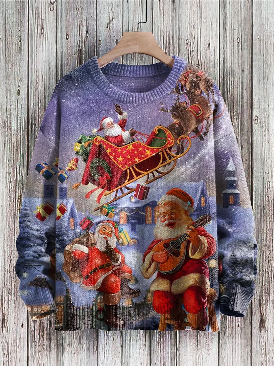 Christmas Cute Santa Claus Playing Guitar Art Pattern Print Casual Knit Pullover Sweater