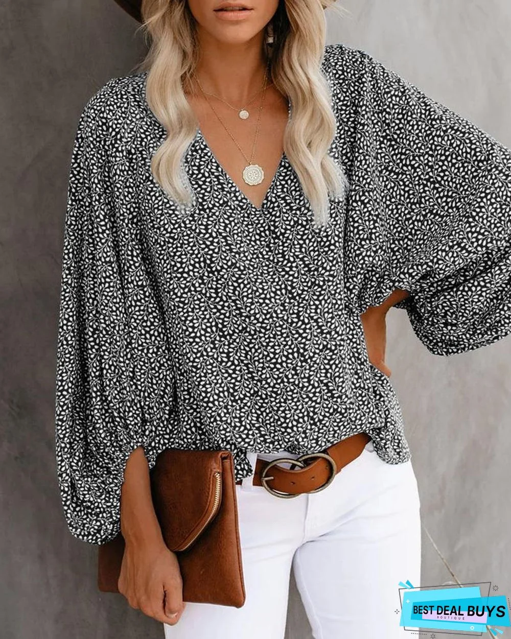 Floral Print V-Neck Casual Long-Sleeved Blouse