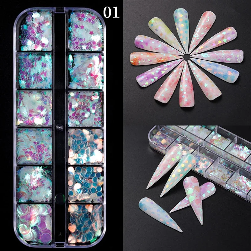 12 Grids Spangles Nail Sequins Aurora AB Nail Flakes Stunning Pailliette Heart Butterfly Spring Sticker Nart Tips Decoration