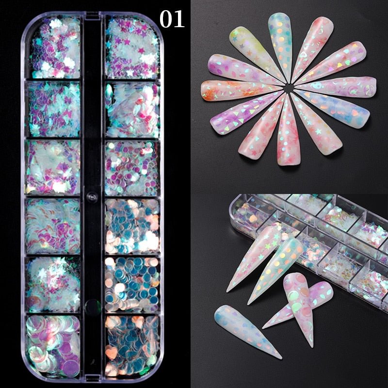 12 Grids Spangles Nail Sequins Aurora AB Nail Flakes Stunning Pailliette Heart Butterfly Spring Sticker Nart Tips Decoration