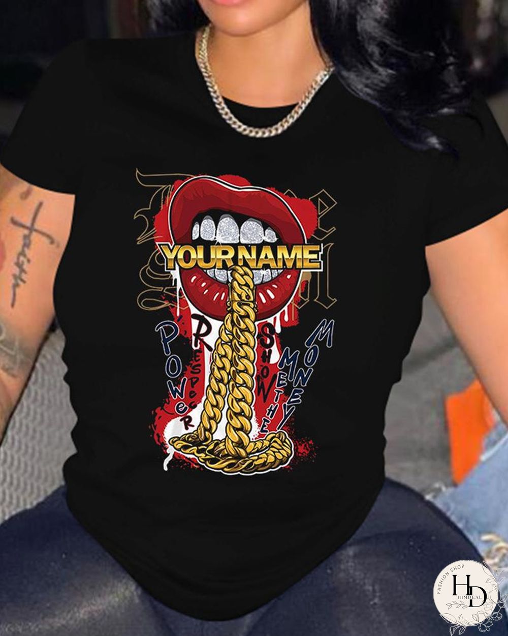 Round Neck Chain Lip Letter Print Tee