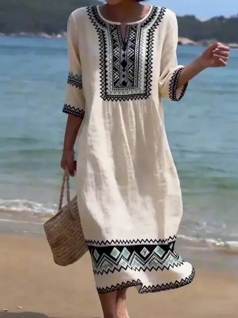 Women'S Casual Printed Cotton Linen Dress 