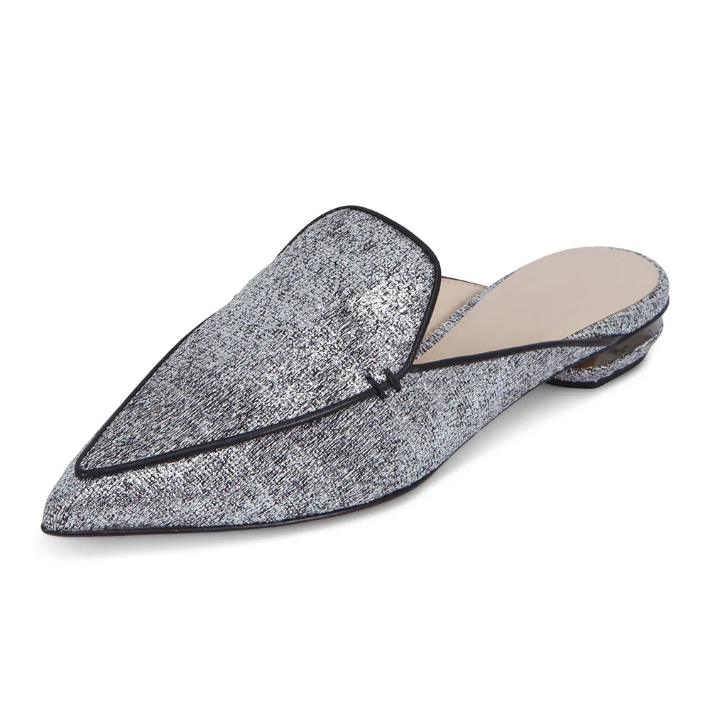 Grey Fabric Pointed Toe Black Piping Flat Loafer Mule Shoes for Women Nicepairs