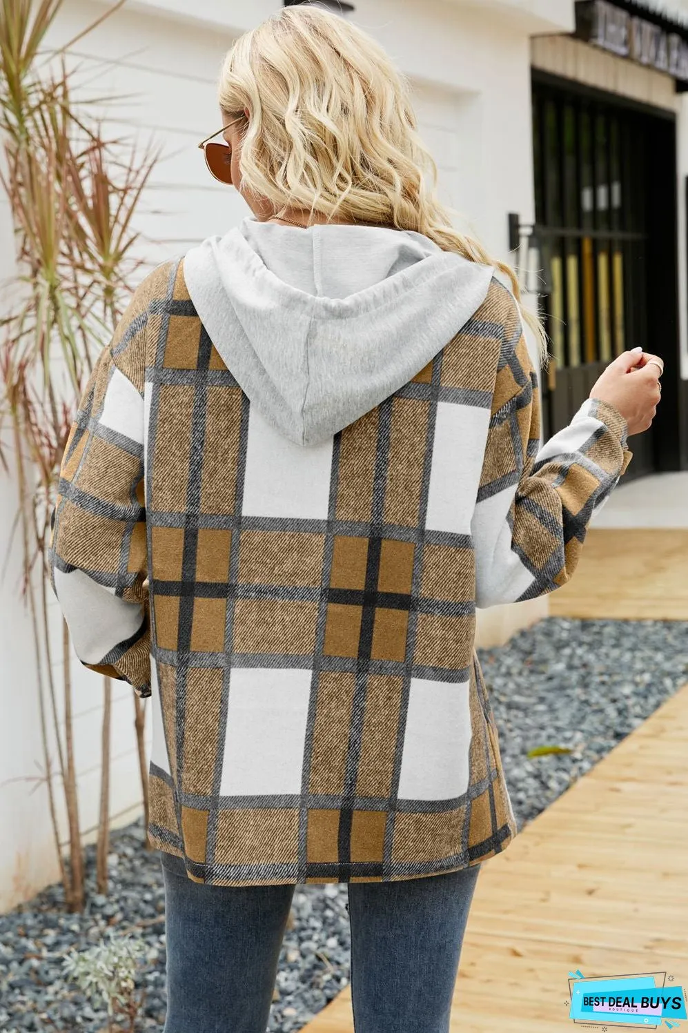 Drawstring Hooded Plaid Shacket Coat With Pocket