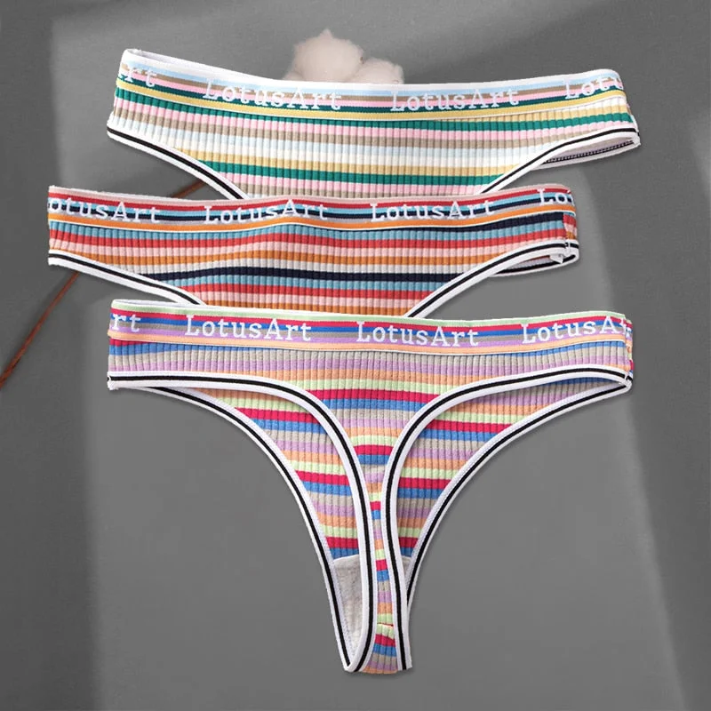 FINETOO 3Pcs/set Women Rainbow Thongs M-XL Cotton Panties Comfortable Striped T-Back Underwear Ladies Soft G-string Lingerie New