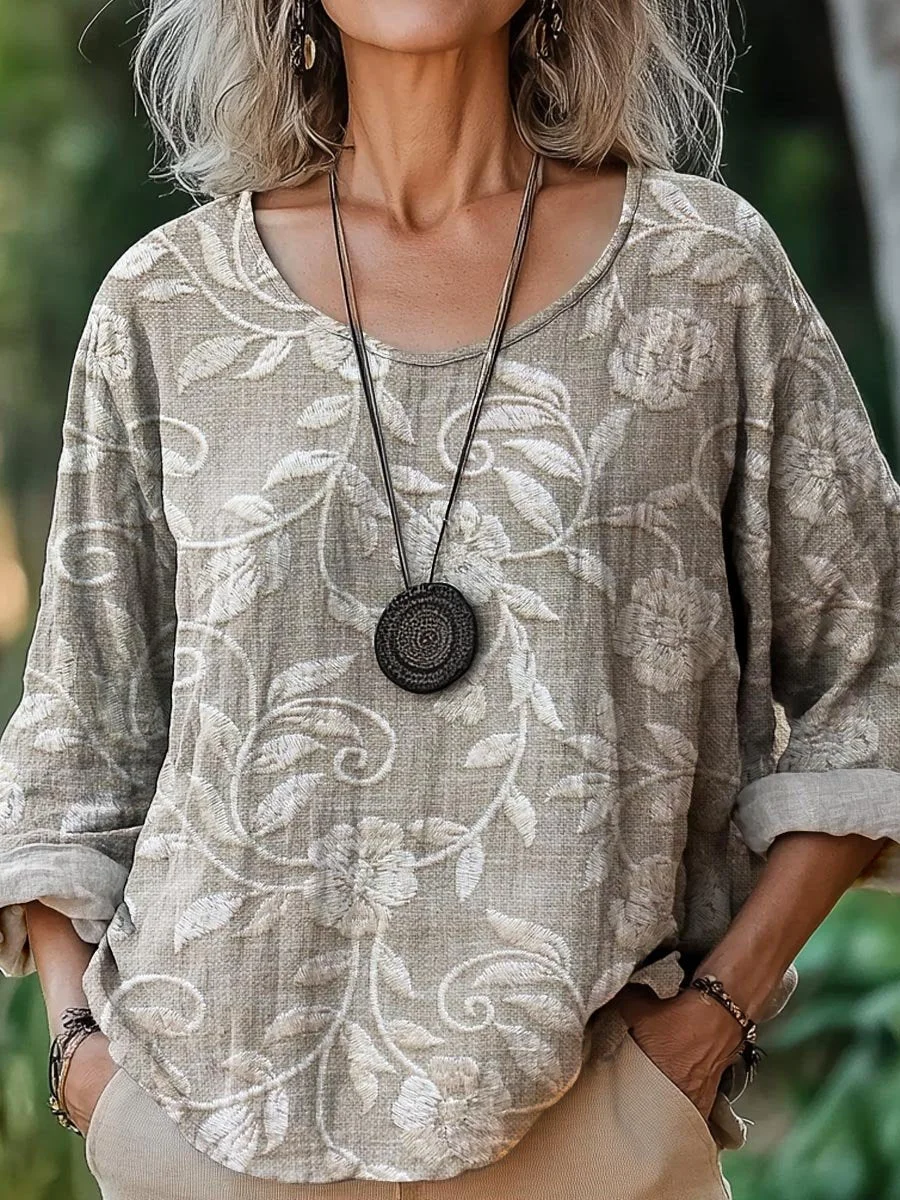 Women's Vintage Ethnic Floral Art Print Casual Cotton And Linen Shirt