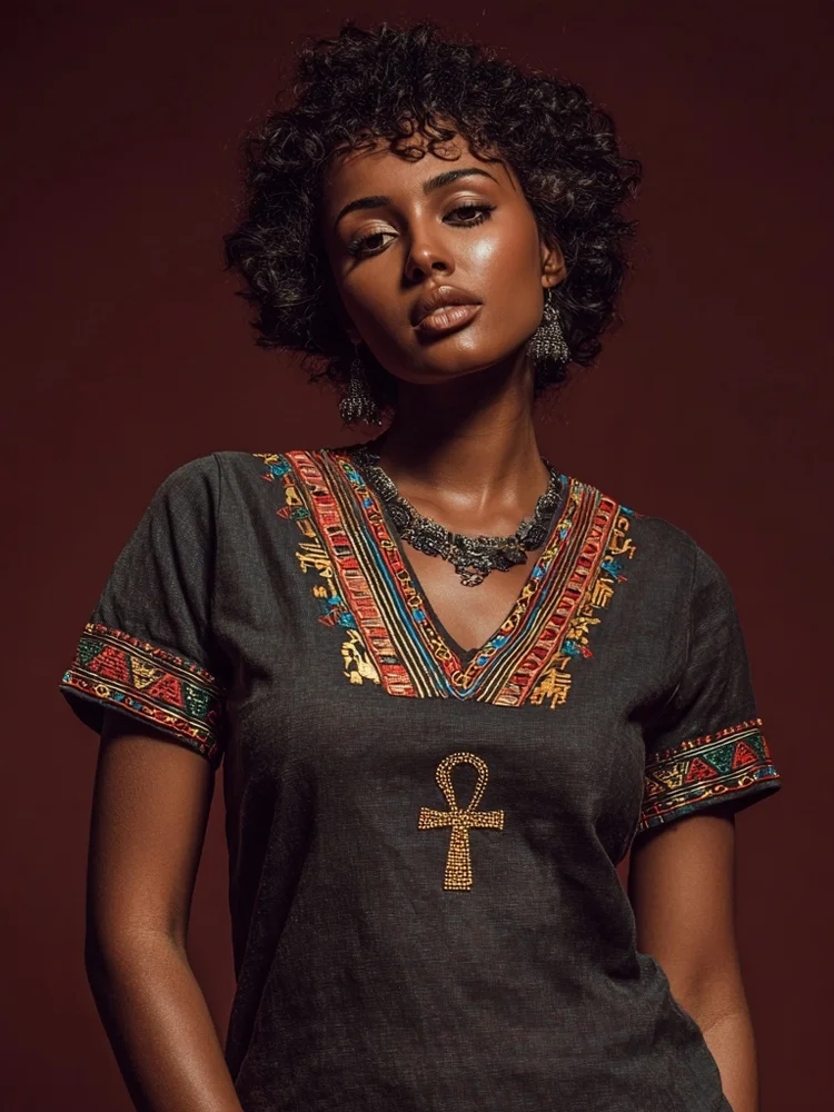 Ankh Ancient Egyptian Embroidered V Neck T Shirt