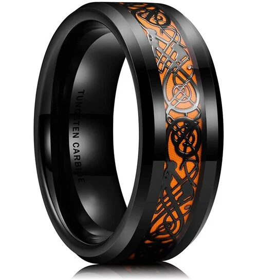 Women's or Men's Tungsten Celtic Dragon Knot Rings Black With Orange Resin Inlay Tungsten Carbide Wedding Band Ring With Mens And Womens For 4mm 6mm 8mm 10mm