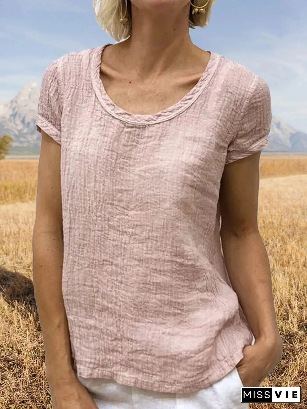 Women Casual Linen Cotton Plain Short Sleeve Blouses