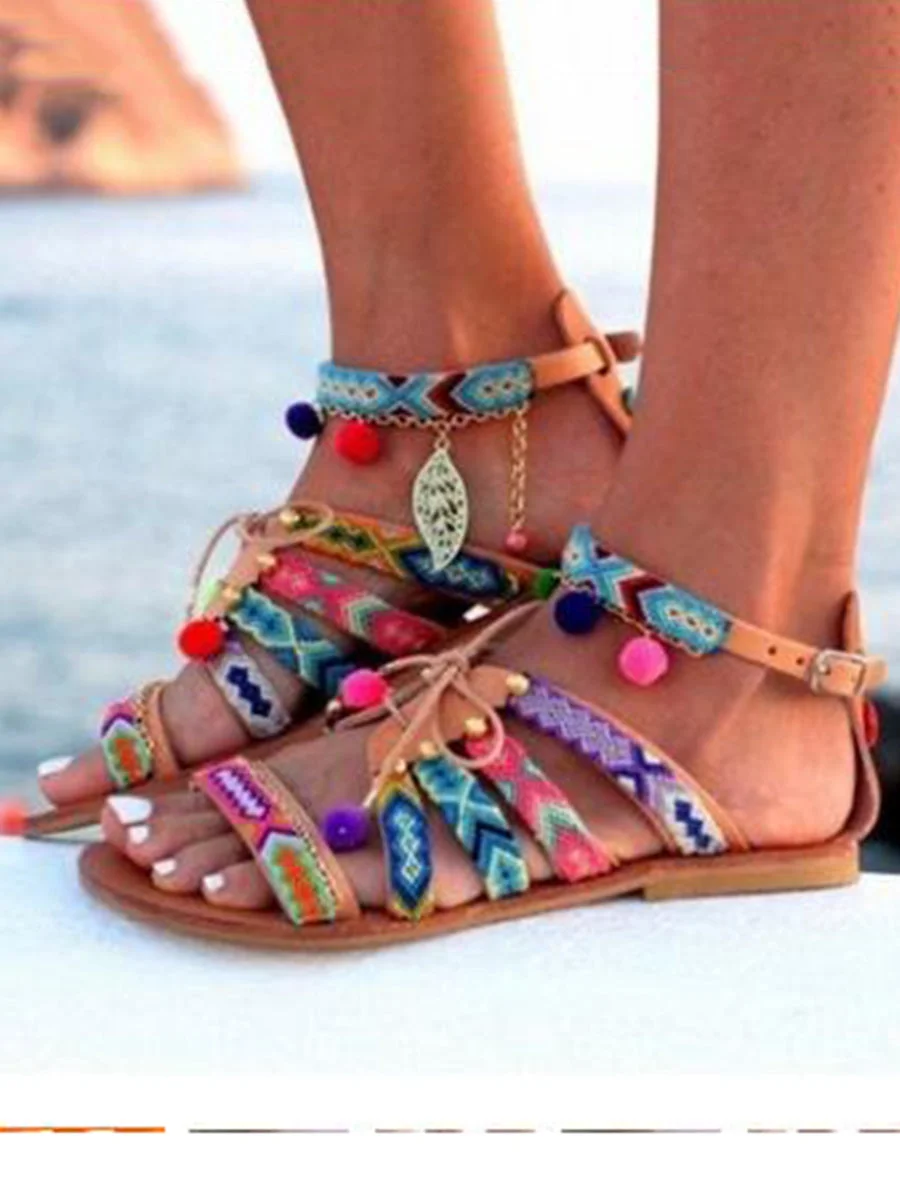 Pom Pom Lace-up Casual Ethnic Flat Sandals