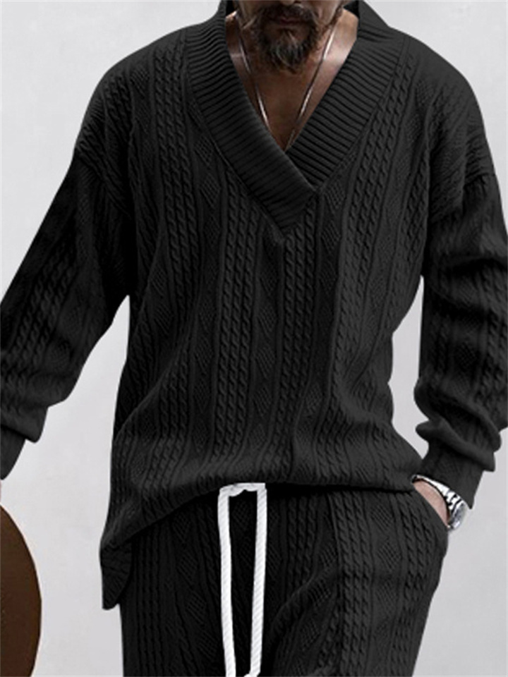 Autumn Casual Jacquard Knit Sweater Men's Fall Loose Long-sleeved T-shirt Men's V-neck Pullover Jacquard Blouse