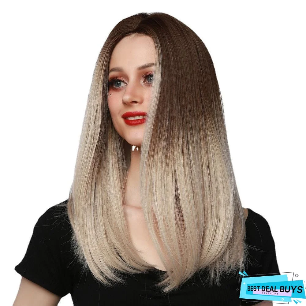 Foreign Trade Wig Women's Middle Split Brown Gradient Gold Medium Long Straight Hair