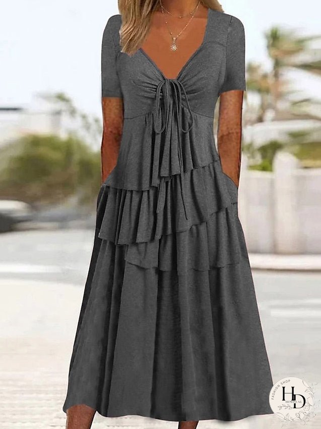 Casual Dress Summer Dress Pleated Dress Plain Lace up Ruched V Neck Midi Dress Fashion Basic Outdoor Daily Short Sleeve Slim Pink Wine Green Summer Spring S M L XL XXL for Women
