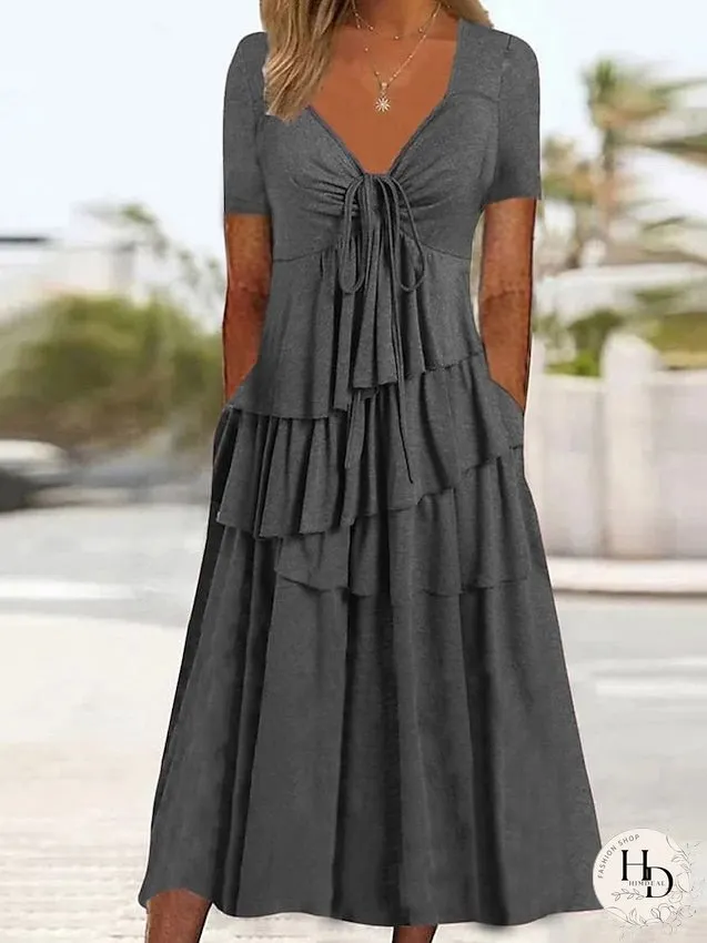 Casual Dress Summer Dress Pleated Dress Plain Lace up Ruched V Neck Midi Dress Fashion Basic Outdoor Daily Short Sleeve Slim Pink Wine Green Summer Spring S M L XL XXL for Women