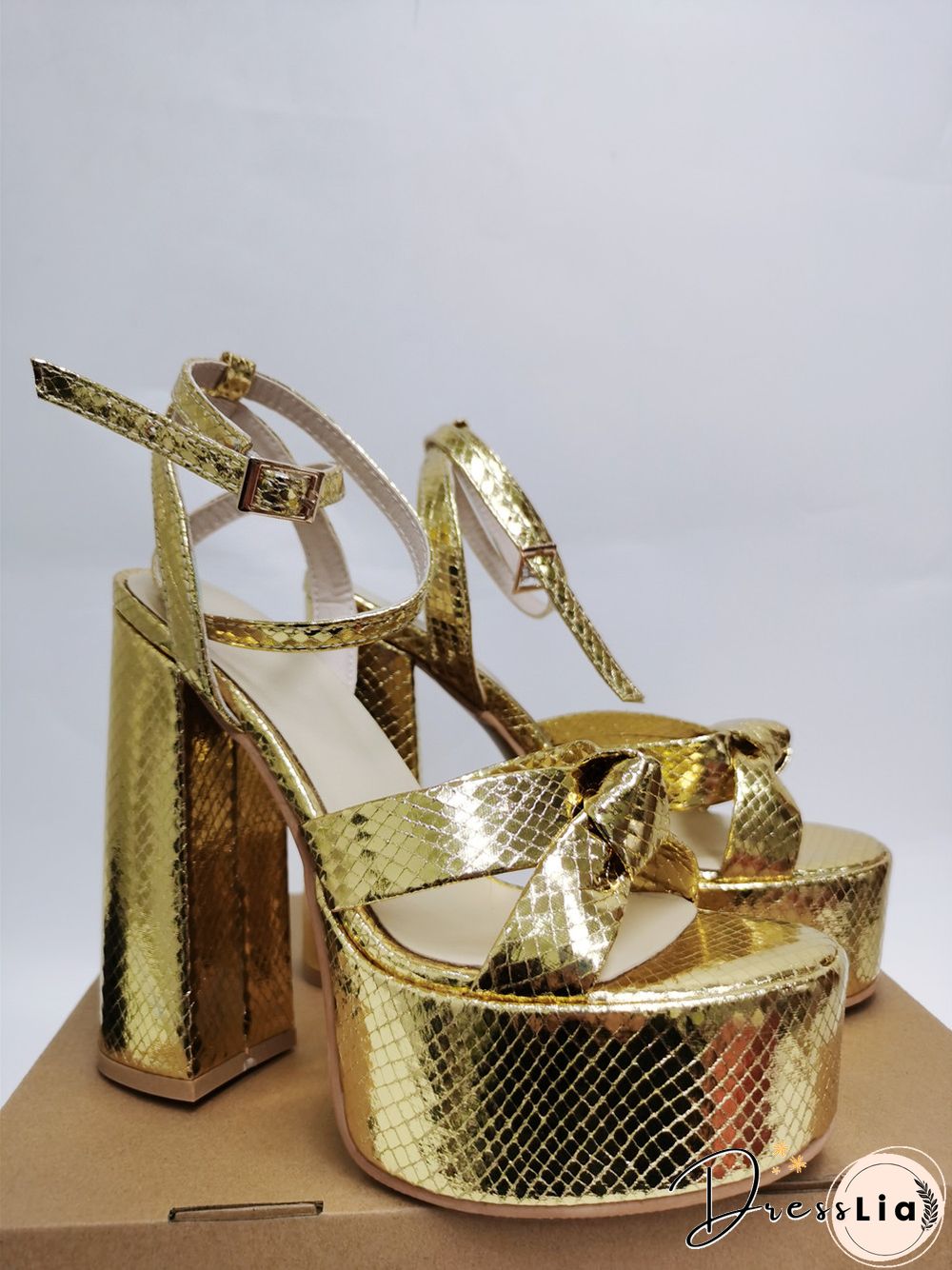 Platform Sandals For Women Summer Gold Bow Knot High Block Heel Fashion Sexy Luxury Brand New Shoes Trendy Ankle Strap