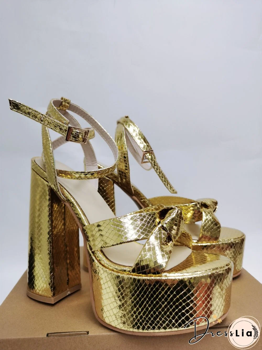 Platform Sandals For Women Summer Gold Bow Knot High Block Heel Fashion Sexy Luxury Brand New Shoes Trendy Ankle Strap