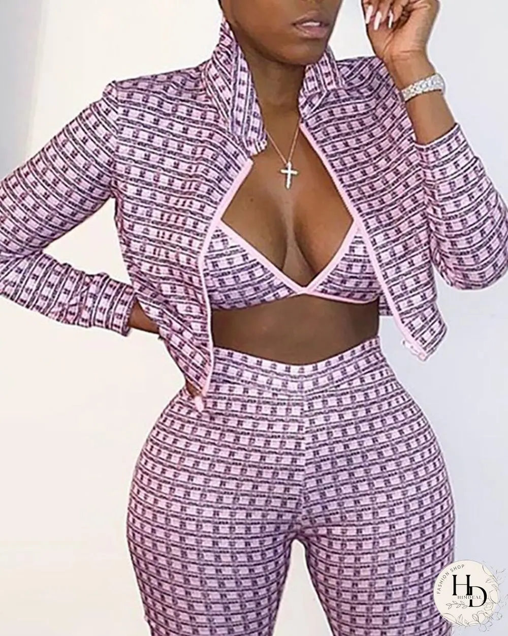 Colorblock Bra & Long Sleeve Coat & Skinny Pants Set P10922