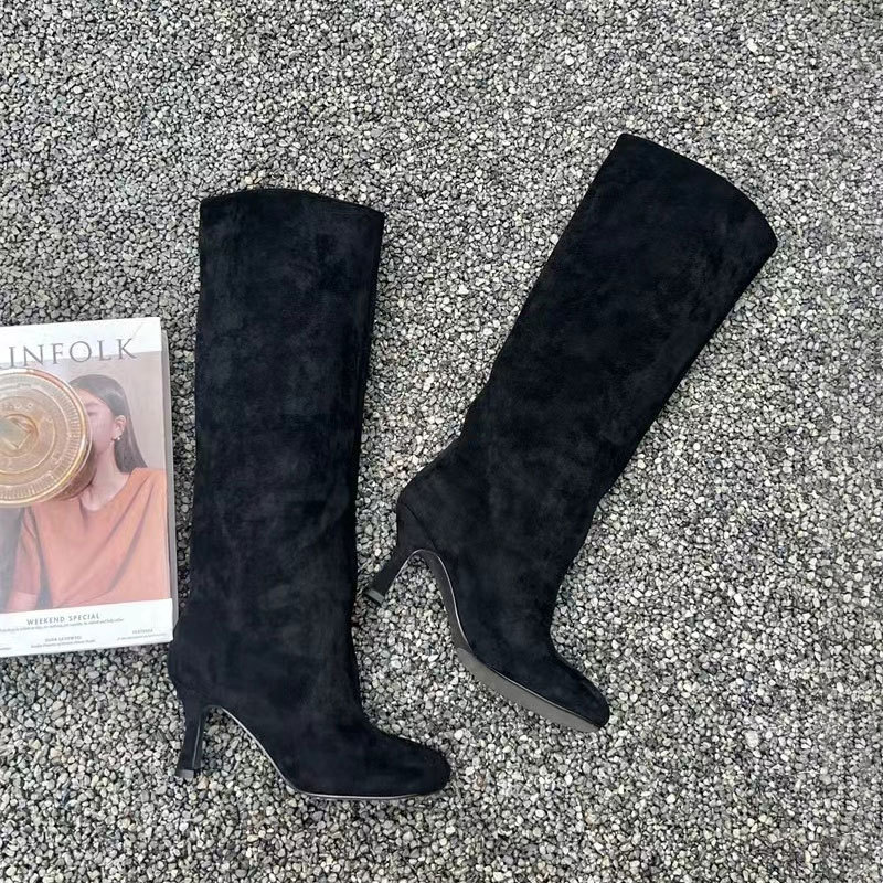 80mm Women's Suede Boots Square Toe Stiletto Heel  Knee Boots-MERUMOTE