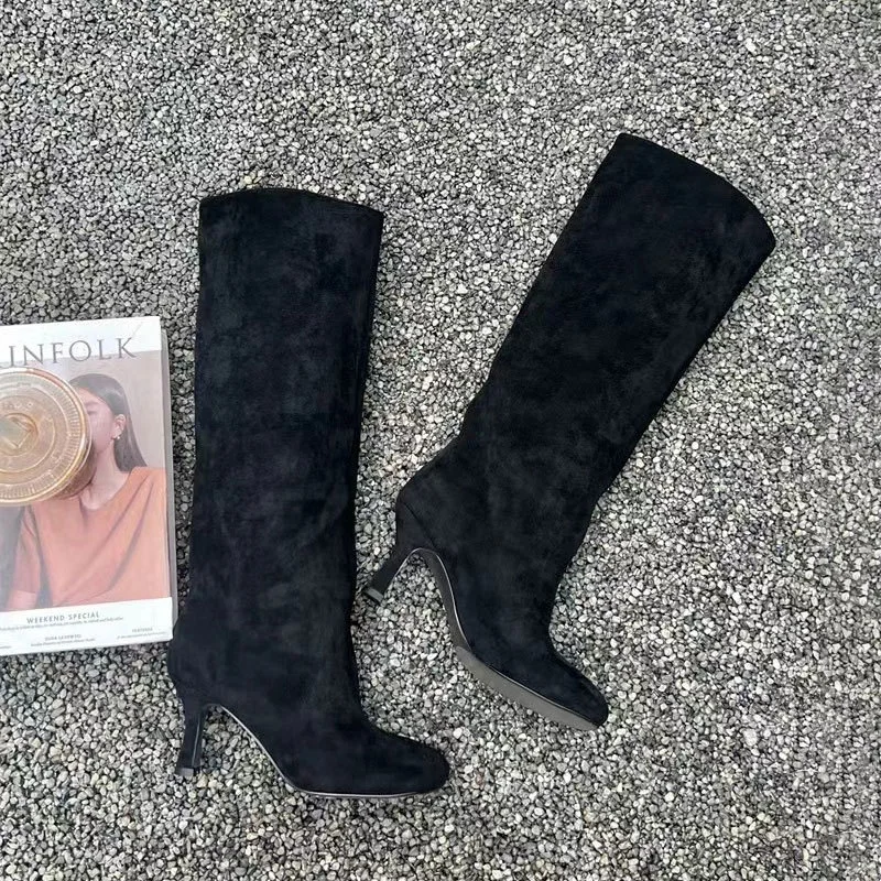 80mm Women's Suede Boots Square Toe Stiletto Heel  Knee Boots-MERUMOTE