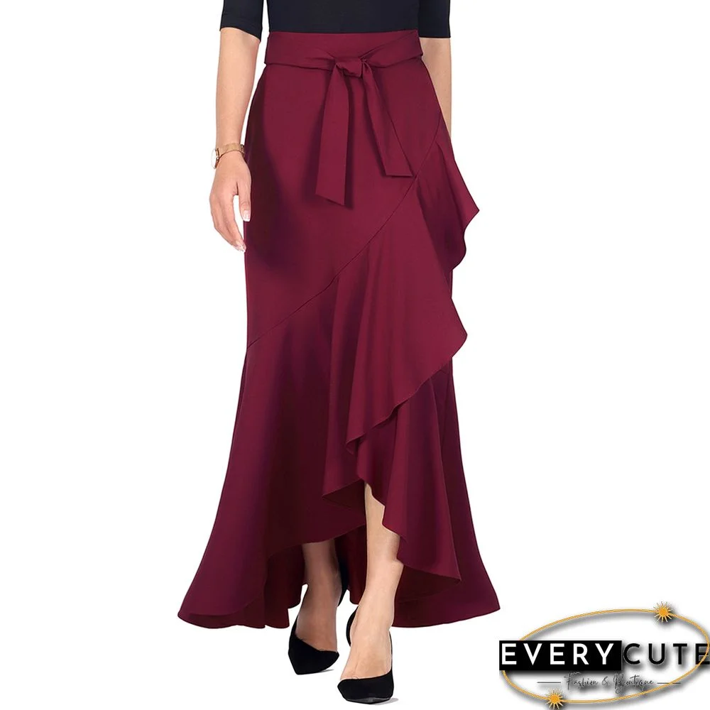 Burgundy Tie Waist Ruffle Hem Mermaid Skirt