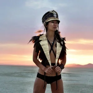 pornhint Pornhint Epaulettes Feather Harness, Gold leather harness top, mad max festival jacket burning man costume by Love Khaos