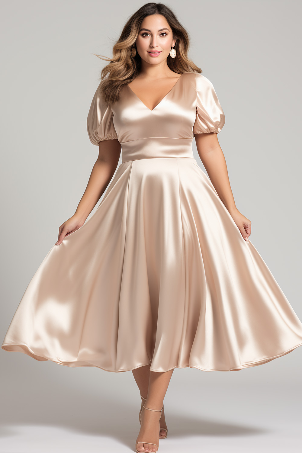 Flycurvy Plus Size Formal Champagne Satin Puff Sleeve Empire Waist Midi Dress 2024 - Flycurvy 