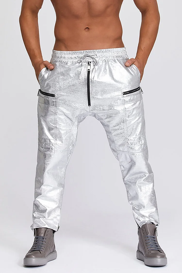 Ciciful Metallic Elastic Waist Drawstring Slim Fit Silver Pants