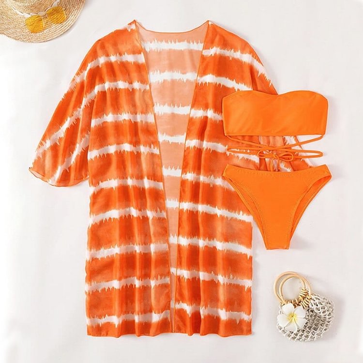 Flaxmaker Sling Cross Straps Tie Orange Bikini Swimsuit Three-piece Set