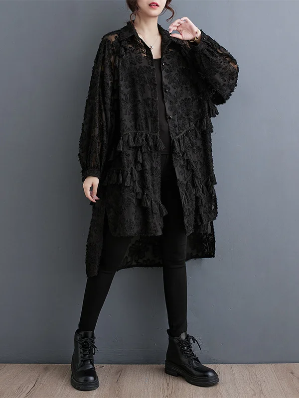 Tasseled Split-side Split-Joint Solid Color Flower Print Buttoned Loose Long Sleeves Lapel Midi Dresses