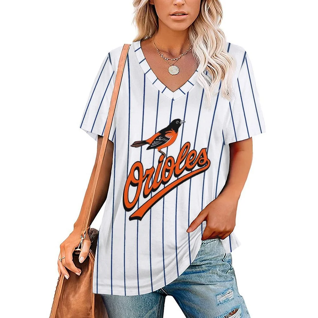 V-neck Short Sleeve Casual T-shirt for  Women Printed with Pattern Striped, Blue, Red