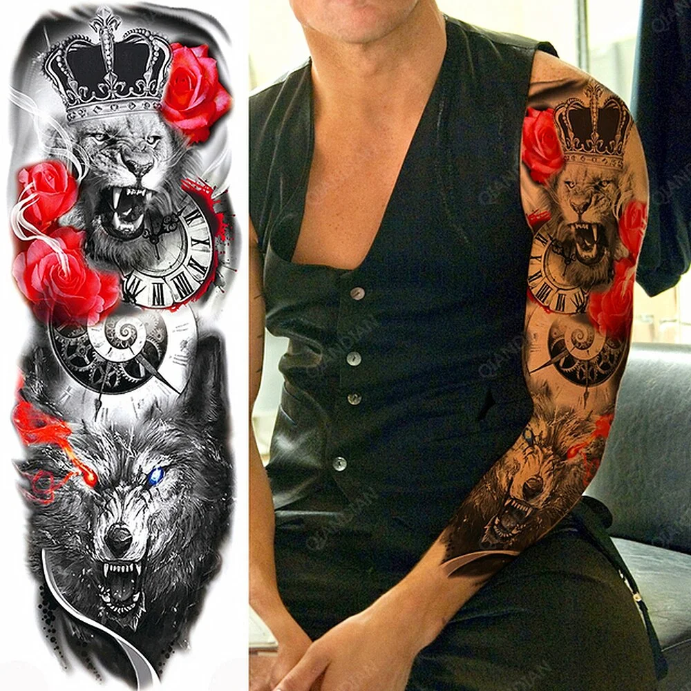 Sdrawing Arm Temporary Tattoo Lady Gun Eye Flower Tiger Lion Skull Eagle Women Body Leg Waterproof Sticker Cool Man Totem Sleeve