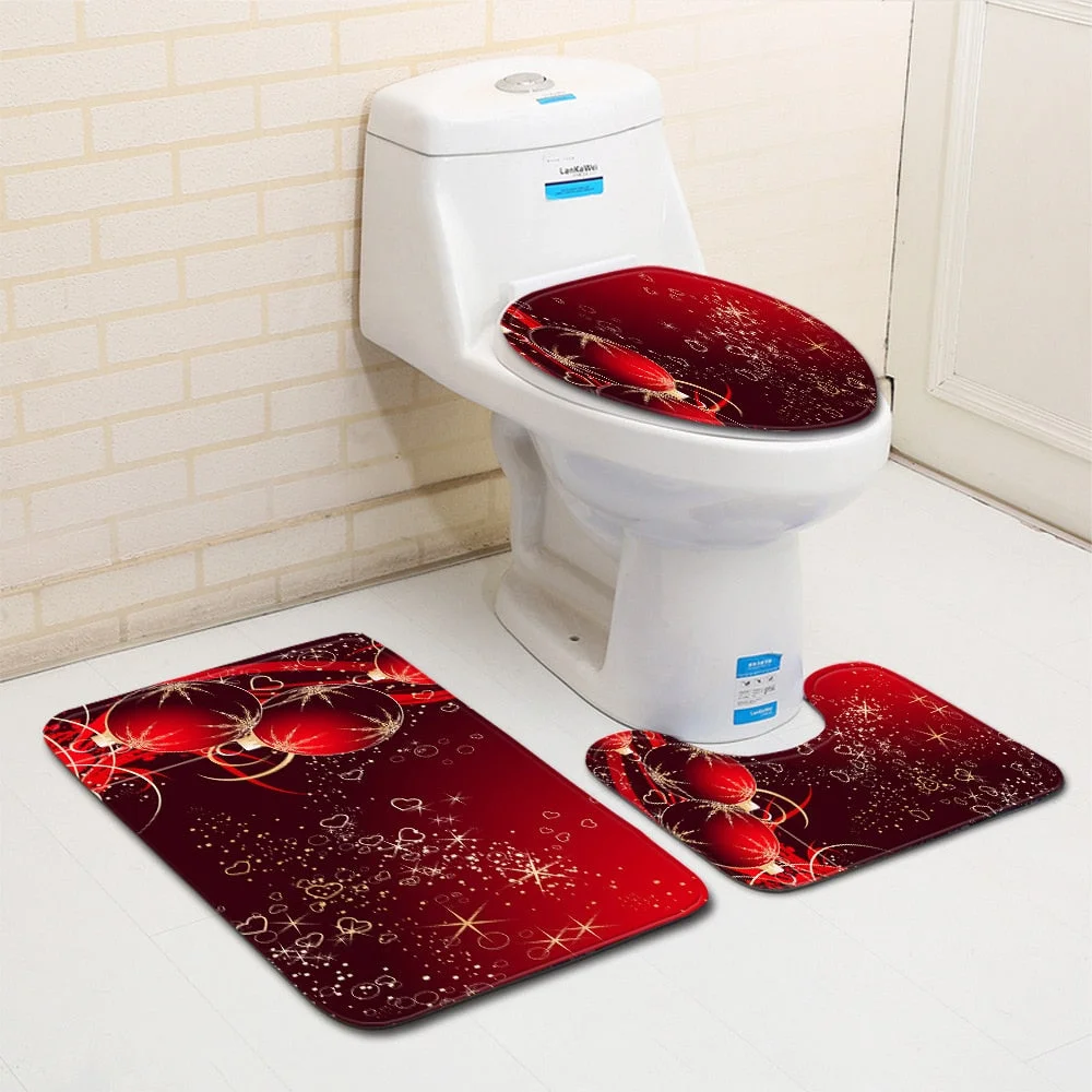 Christmas Toilet seat Cover 3pcs Set Bathroom Mat Home  Absorbent Door mats washroom Decoration Carpet Printing Flannel Rug