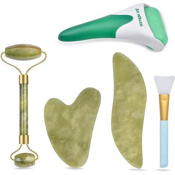 4-pcs Jade Roller & Gua Sha Set, Facial Roller Massager with Gua Sha Scraping Tool, Jade Stone Massager for Anti-aging, Slimming & Firming, Rejuvenate Face and Neck, Remove Wrinkles & Eye Puffiness 4 Pcs-green