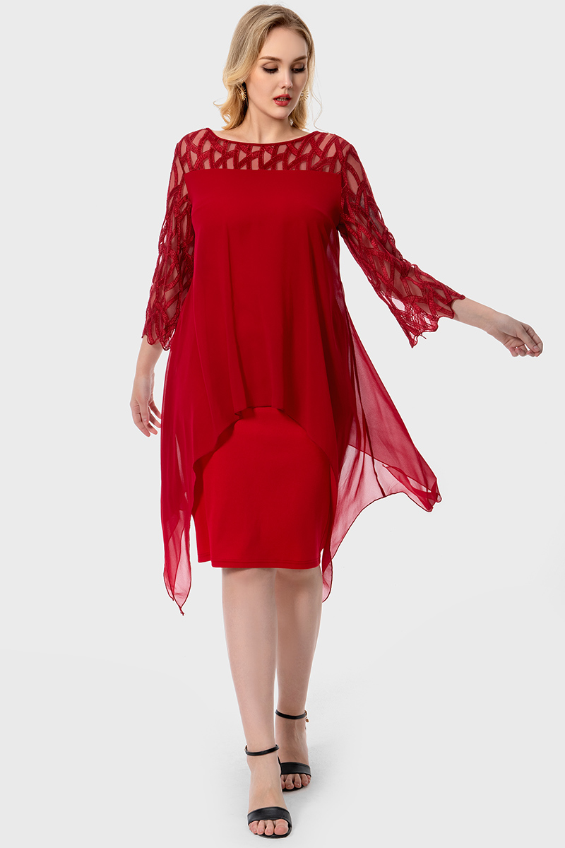 Flycurvy Plus Size Mother Of The Bride Wine Red Chiffon Mesh Stitching See-Through Fake Two Pieces Midi Dress
