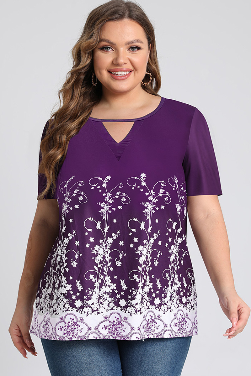Plus Size Floral Print Hollow Out Short Sleeve T Shirt 2024 - Flycurvy 