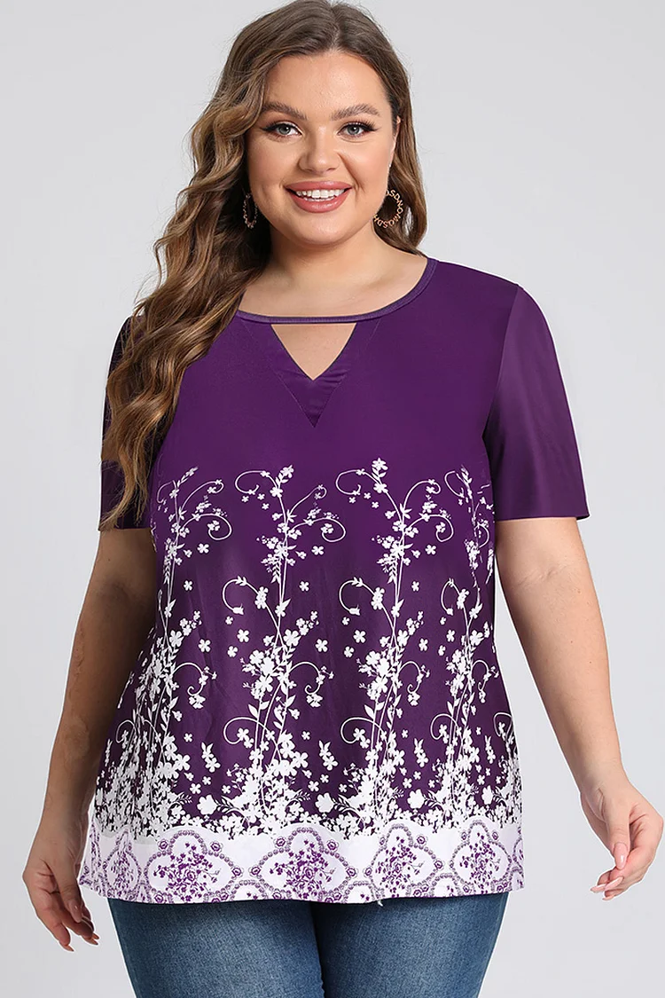 Plus Size Floral Print Hollow Out Short Sleeve T Shirt  Flycurvy [product_label]