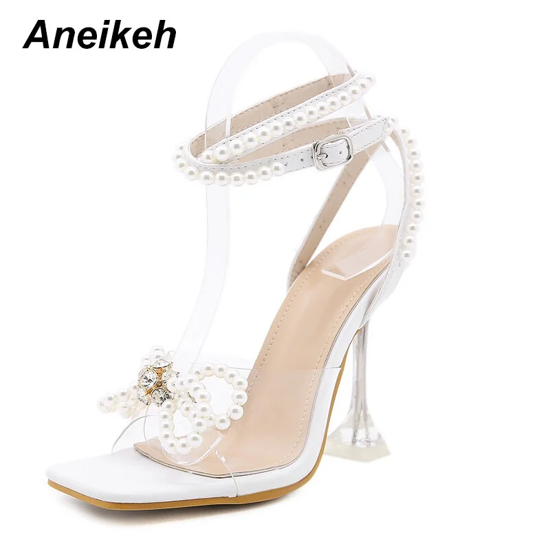 Aneikeh NEW 2021 Summer Swee Wedding Shoes Crystal Butterfly-Knot Bling Narrow Band Thin Heels  Square Toe Party Sandals Women