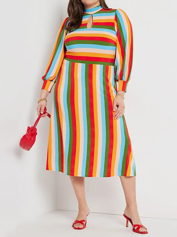 Hollow Striped Tied A-Line Loose Mock Neck Midi Dresses
