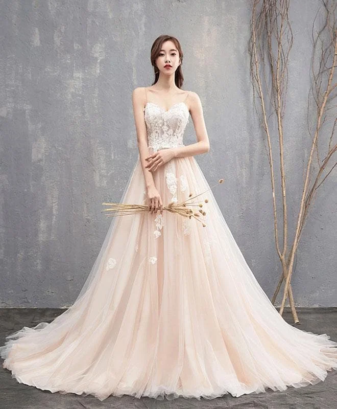 High Quality Champagne Long Prom Dress With Long Train, Lace Evening Dress