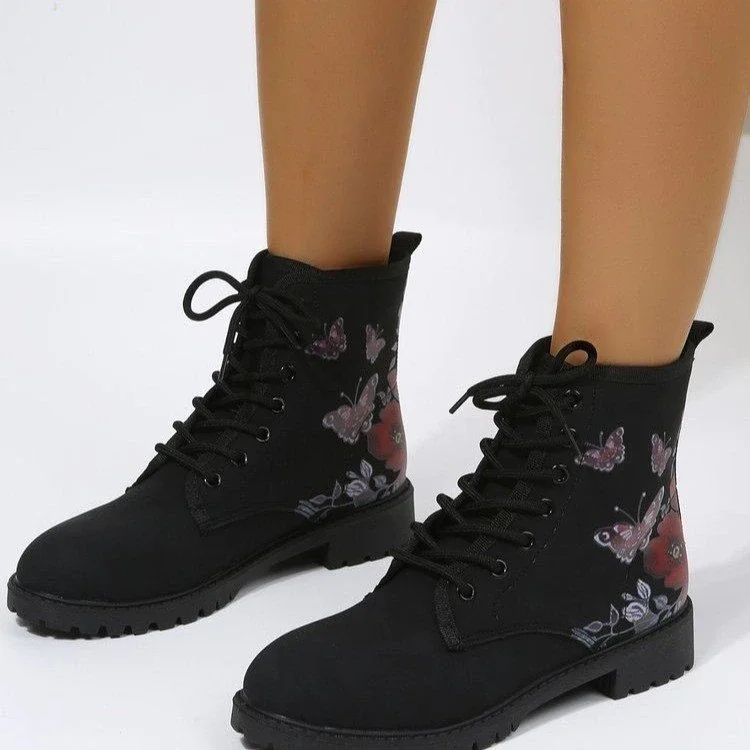 Qengg Women's Shoes Women's Winter 2021 Boots Shoes Women's Tooling Boots Skull and Flower Print High-top Boots 2022