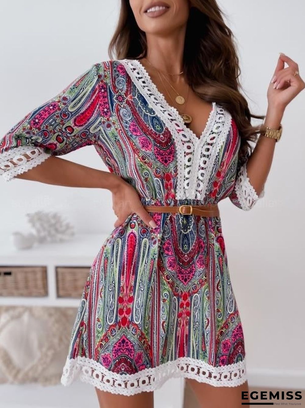 New Lace Printed Dress with Belt | EGEMISS