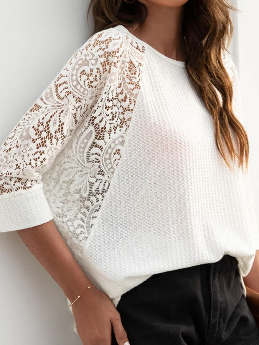Round Neck Lace Panel Casual Short Sleeve T-Shirt