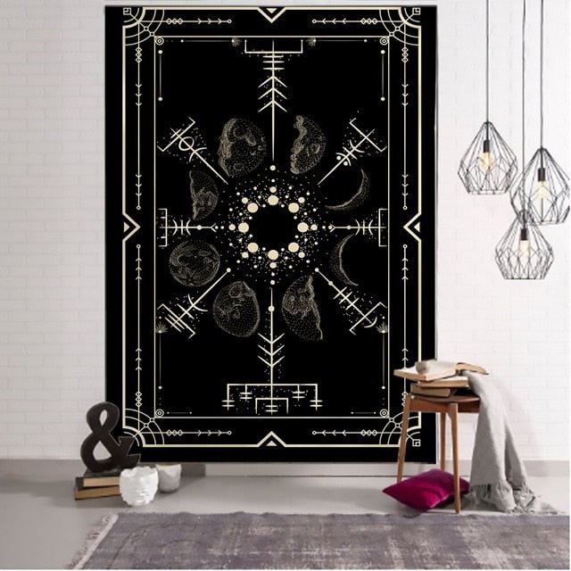 Golden Sun Moon Tarot Mandala Tapestry Black Wall Hanging Witchcraft Hippie Wall Carpets Dorm Decor Psychedelic Tapestry