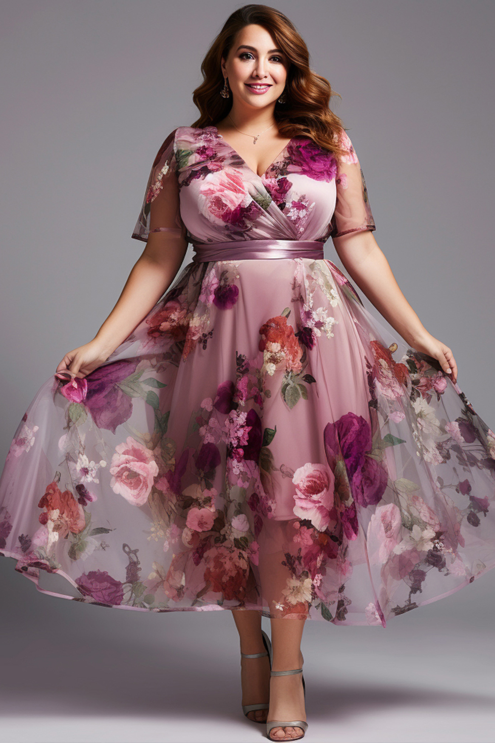 Flycurvy Plus Size Wedding Guest Pink Mesh Floral Print Wrap Short Sleeve Tea-Length Dress