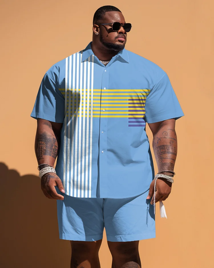 Men's Plus Size Simple Striped Short Sleeve Shirt And Shorts Set
