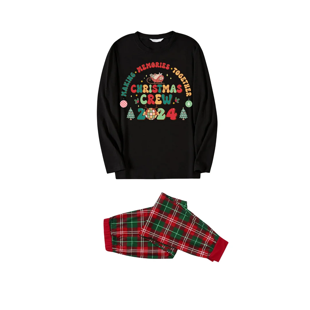 "Making Memories Together Christmas Crew 2024" Print Black Top with Red & Green Plaid Pants Family Matching Pajama