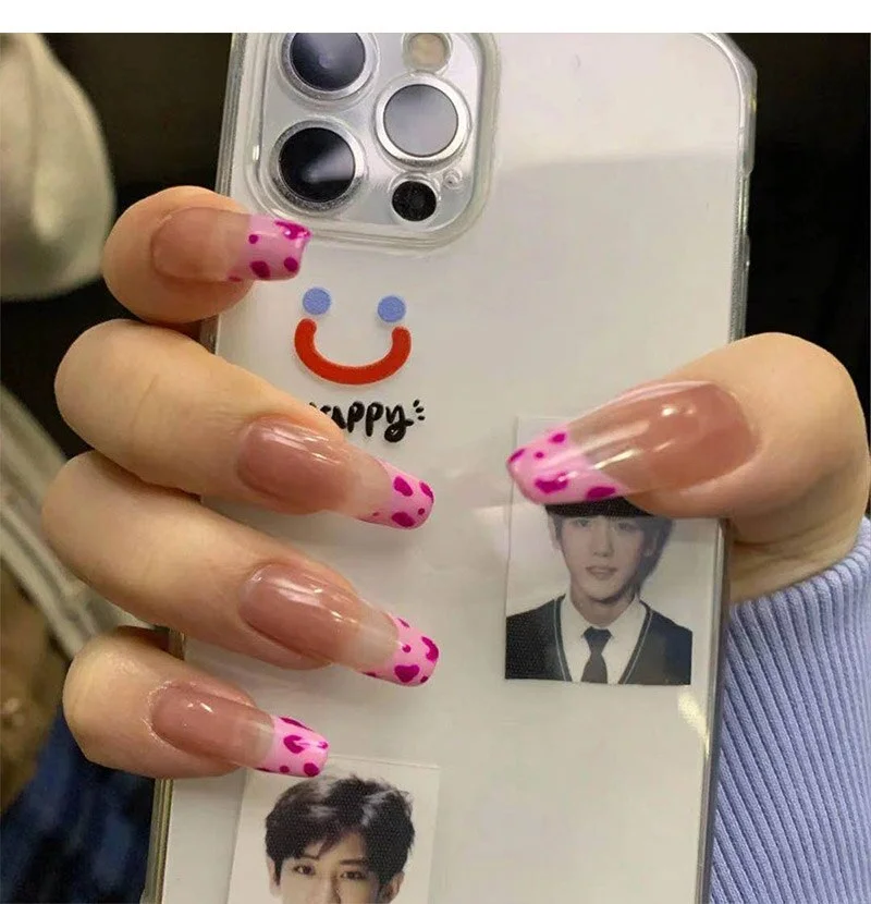 24pcs Long French False Nails Pink Wave Design Fake Nails Hit Color Ballet Blue Purple Nail Art Tools Press On Nail Summer Style-Nail Inspo