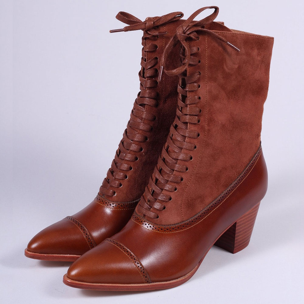 Faux Leather & Vegan Suede Brown Block Heel Pointed Toe Lace-Up Boots Nicepairs