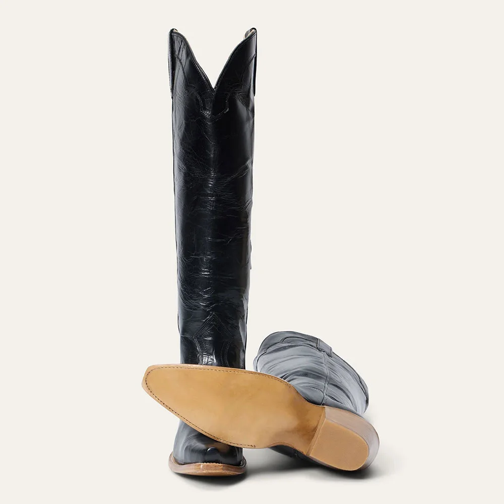 Black Snip Toe Chunky Heel Side Zipper Western Boots for Women